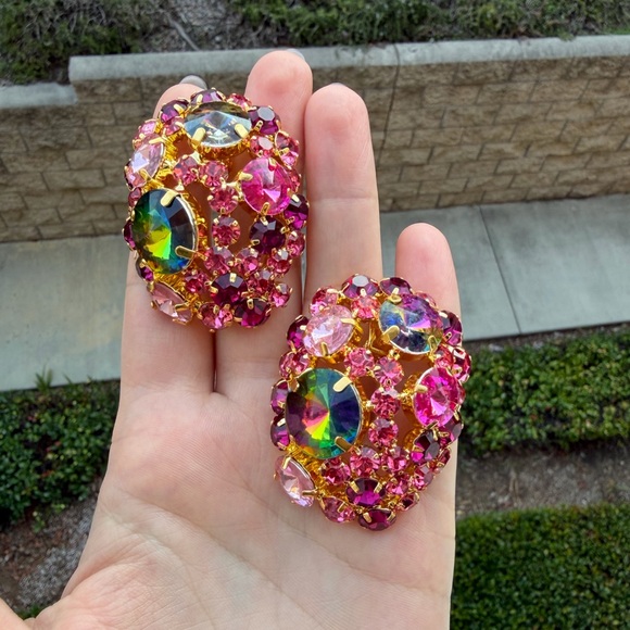 Crystal Clip-On Earrings Large Multicolor– Pink & Gold Statement Jewelry - Picture 4 of 5